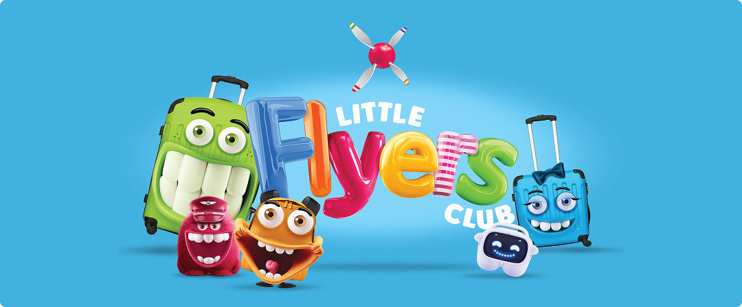 Cartoon travel characters with the text "Little Flyers Club"