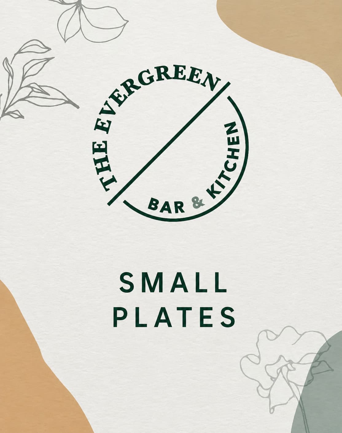 Graphic displaying "The Evergreen Bar & Kitchen" logo with "Small Plates" text, surrounded by abstract shapes and floral line drawings.