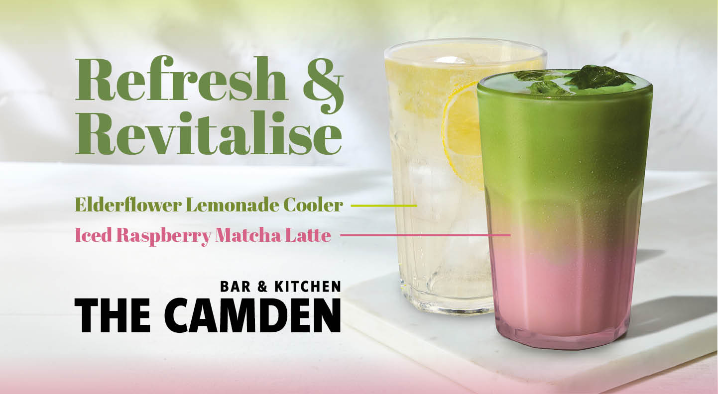 Two refreshing drinks, an Elderflower Lemonade Cooler and an Iced Raspberry Matcha Latte, on a white surface. Text reads "Refresh & Revitalise."