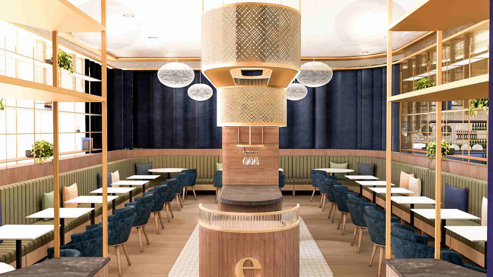 Modern café interior with elegant décor, circular seating, spherical pendant lights, and gold-accented fixtures. Tables are neatly arranged.