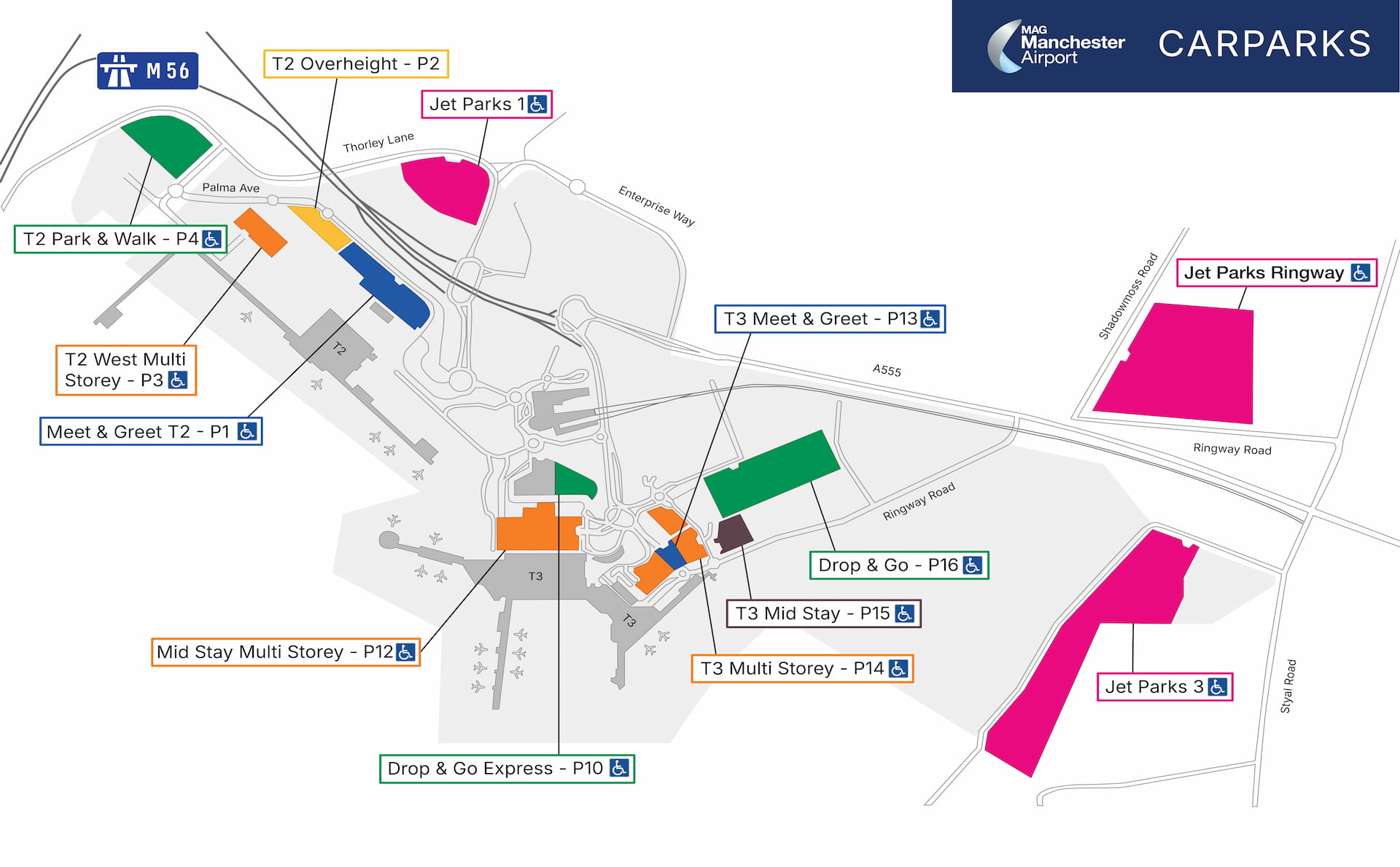 Map of Manchester Airport car parks, showing various parking areas labeled T2, T3, Jet Parks, and Drop & Go with accessible options.