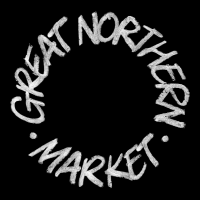 Circular chalk-style text reading "GREAT NORTHERN MARKET" on a black background