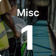 Person in a wheelchair being assisted down a corridor with shadows and light patterns on the floor. Large text overlay reads: "Misc 1".