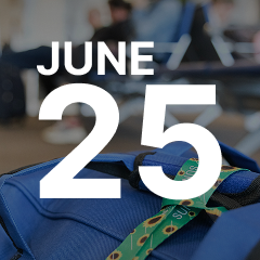 A close-up of a blue backpack with a decorative ribbon. The date "JUNE 25" is bold and prominently displayed over the image.