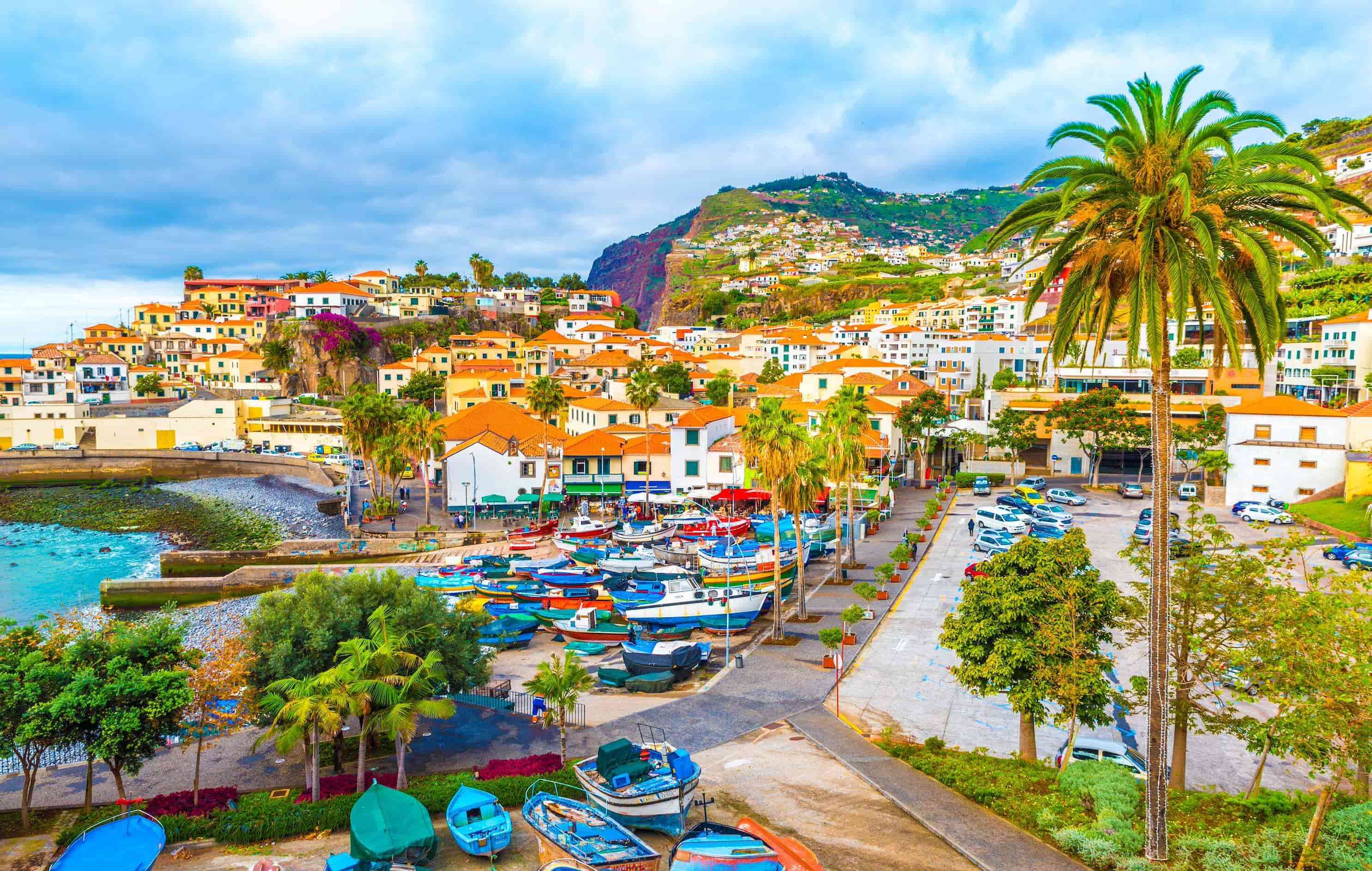 Scenic coastal village with colorful boats, palm trees, and hillside houses under a cloudy sky along a vibrant, turquoise seashore.