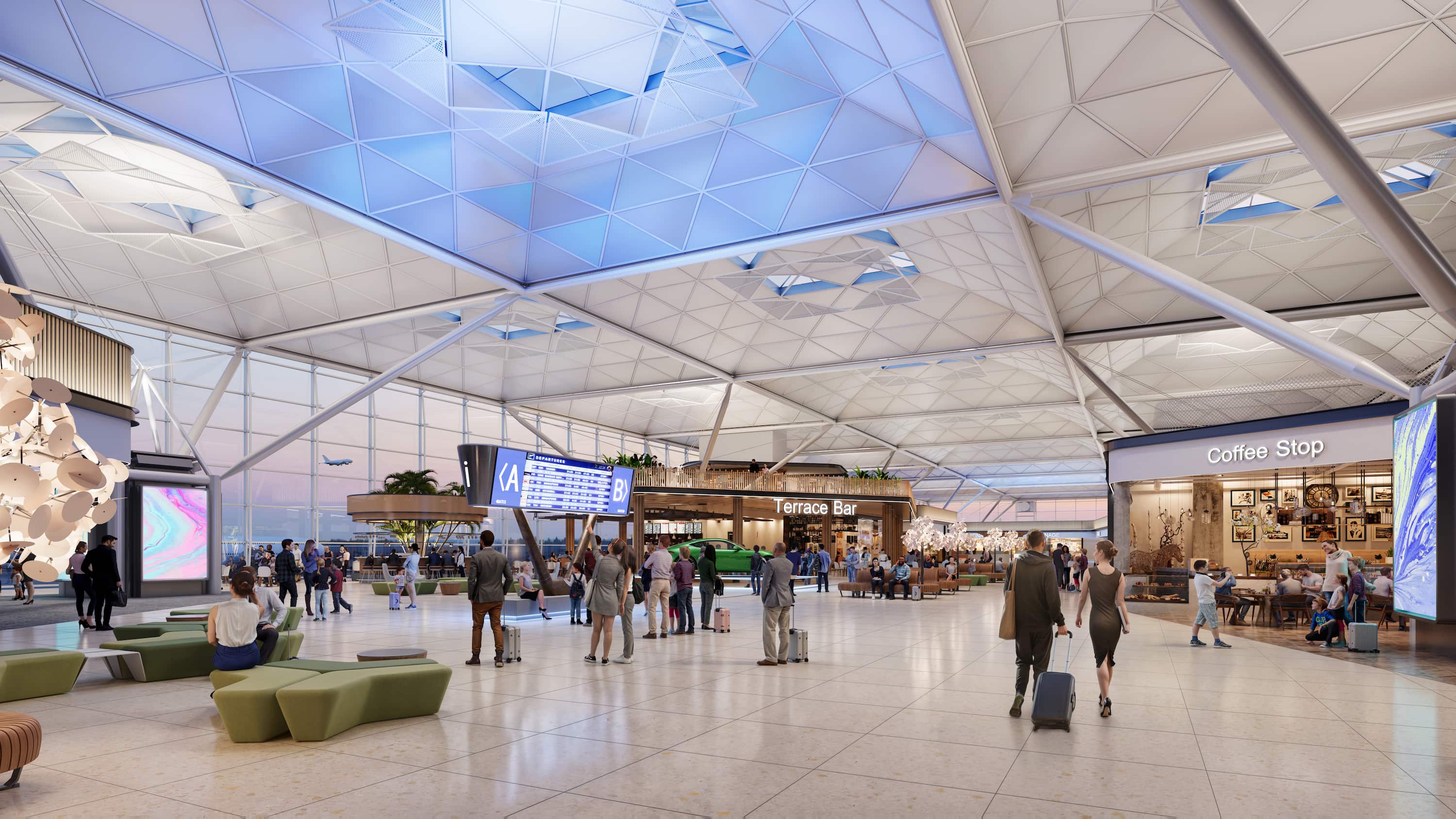 Spacious airport terminal with travelers, seating, a coffee shop, and terrace bar. Large windows provide natural light and views of aircraft outside.