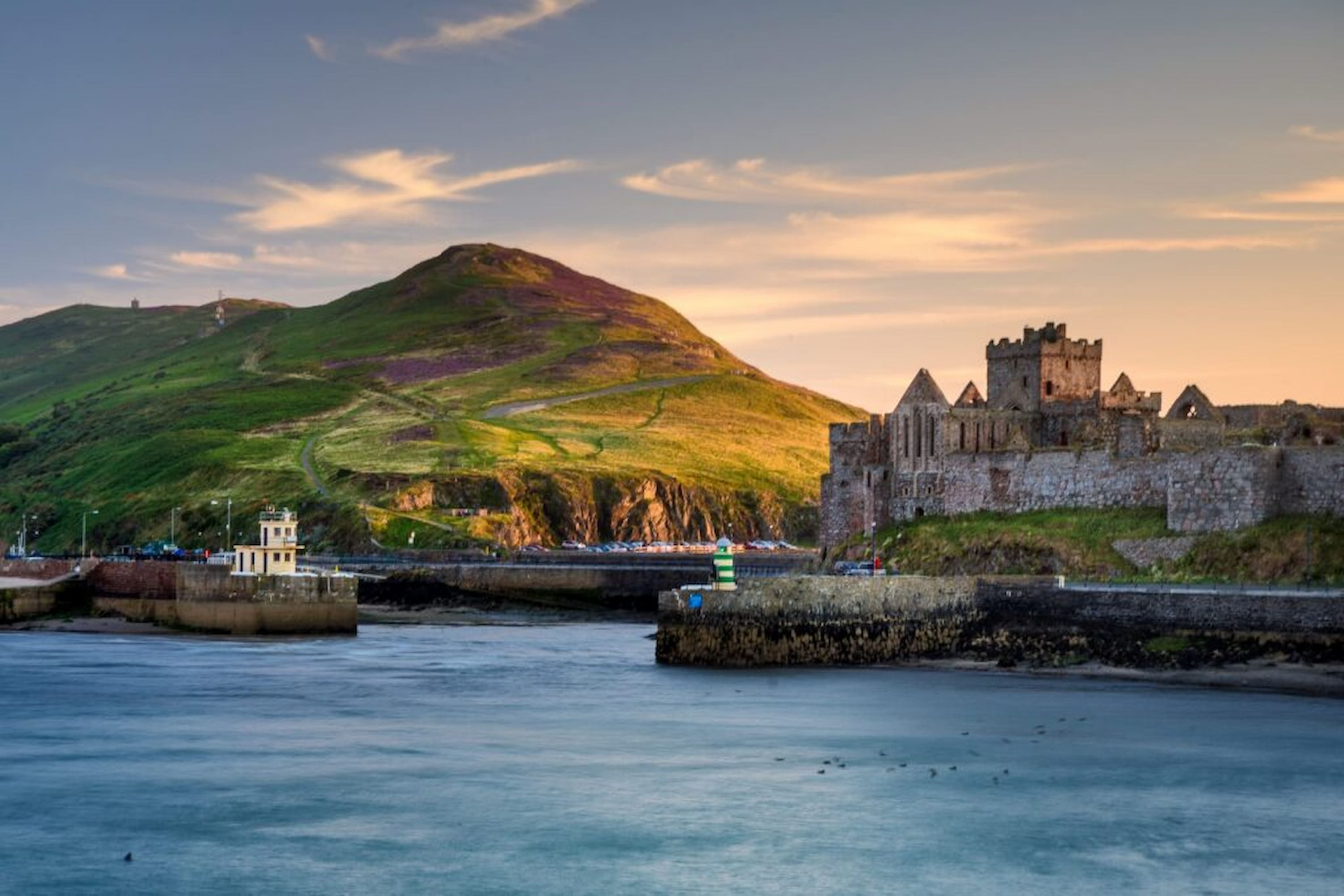Scenic view of Peel Castle on St Patrick's Isle, Isle of Man
