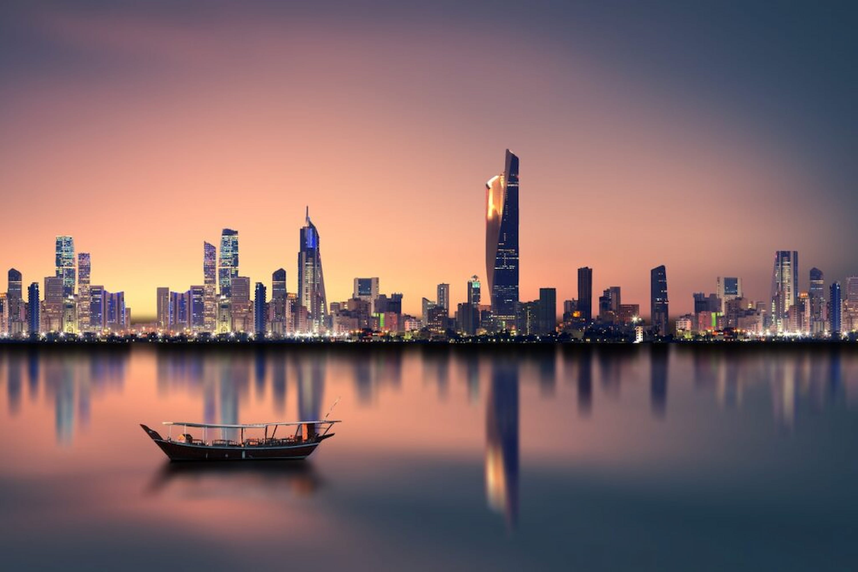 A small boat floats on calm water against a vibrant city skyline at dusk, with illuminated skyscrapers reflecting in the water.