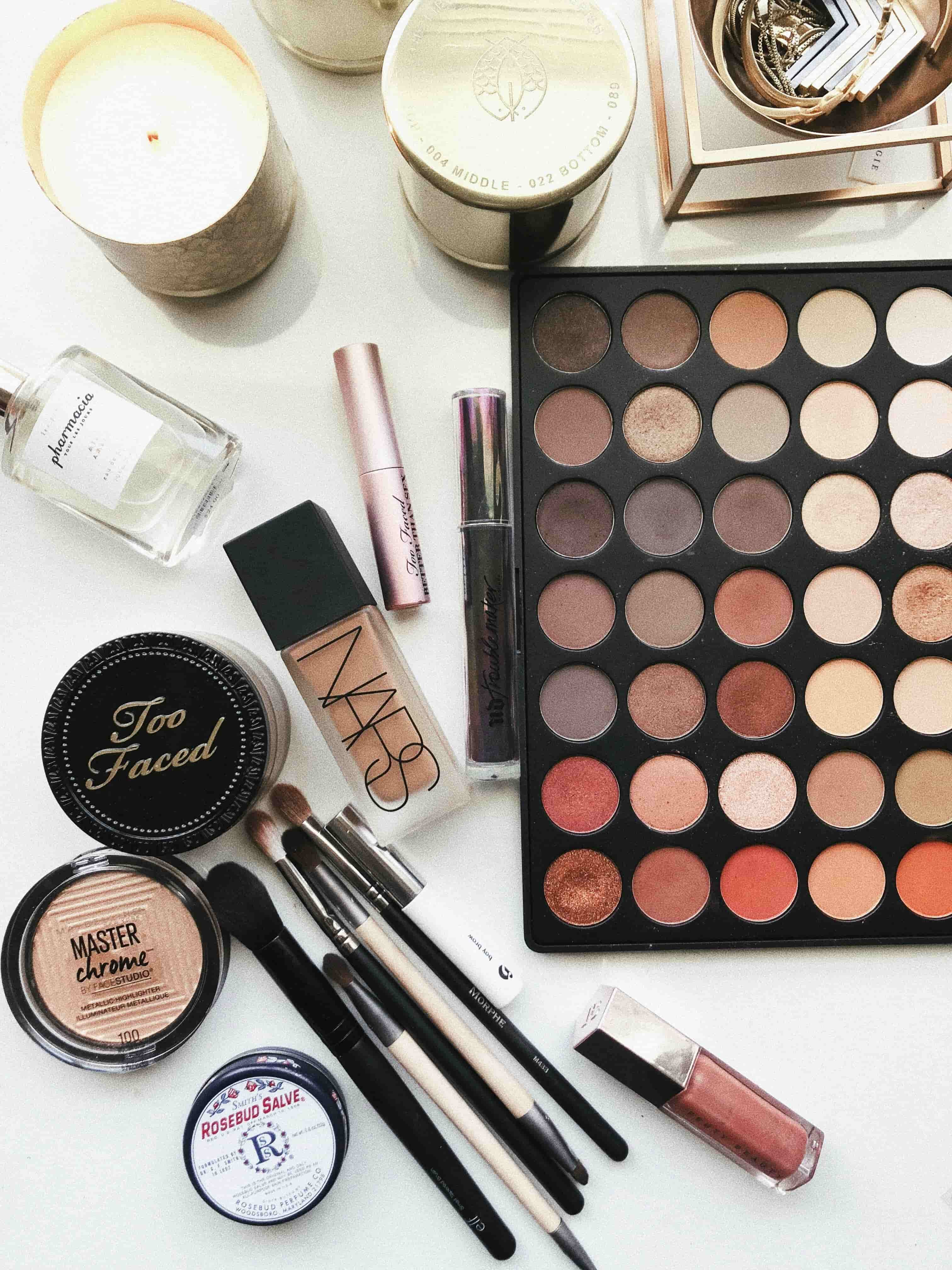 Eyeshadow palette with other make up on table