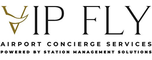 Logo for VIP Fly, an airport concierge service, featuring elegant text and a stylized gold accent. Powered by Station Management Solutions.