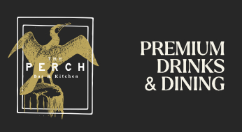 Logo of "The Perch Bar & Kitchen" with a stylized gold bird and text "Premium Drinks & Dining" on a dark background.