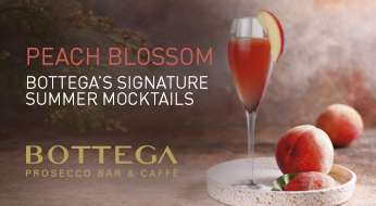 Peach Blossom mocktail in a tall glass with peach garnish, set on a table with whole peaches. Text: "Bottega's Signature Summer Mocktails."