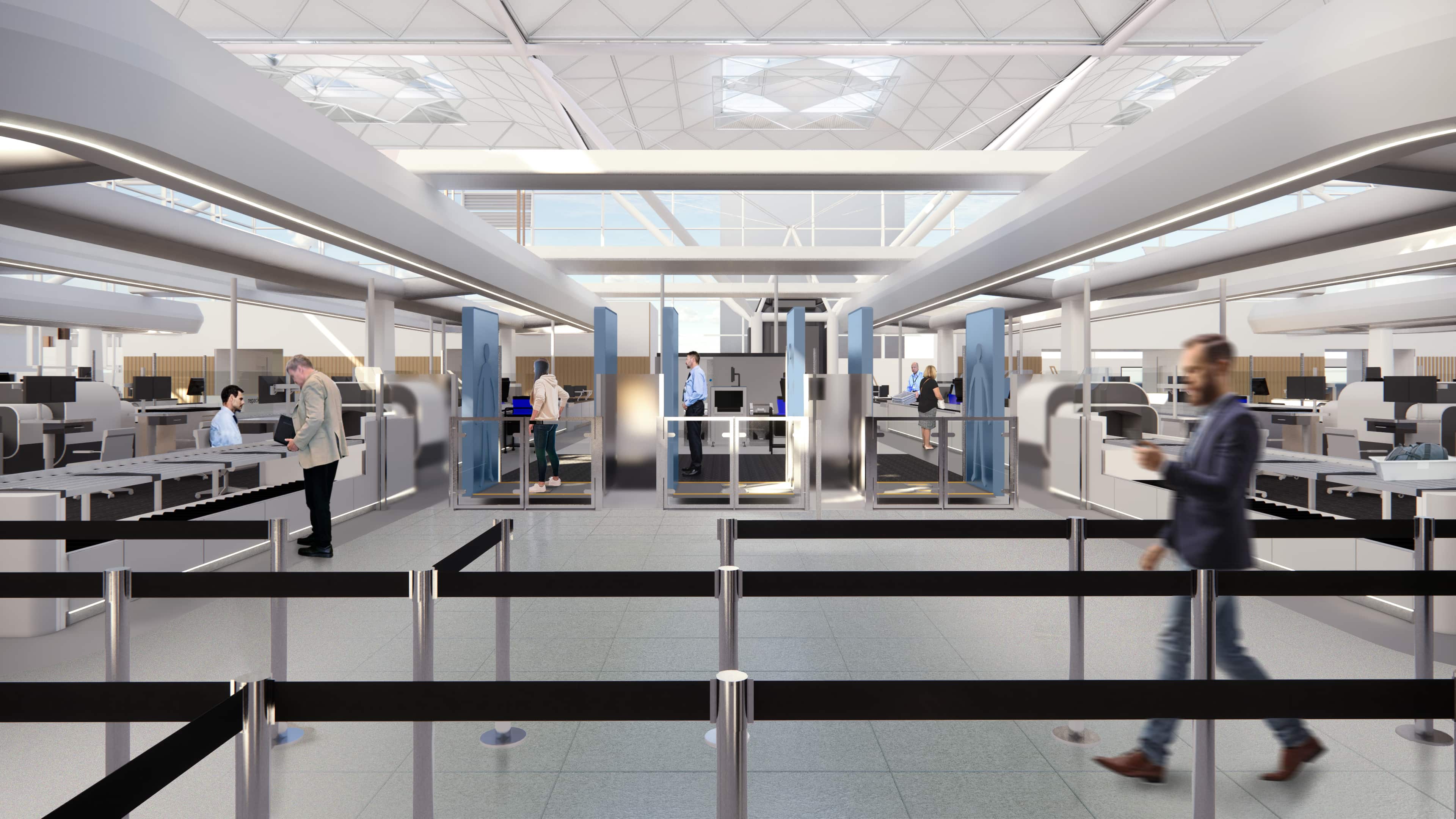 Modern airport security checkpoint with people in line, sleek design, natural light through skylights, and staff assisting travelers.