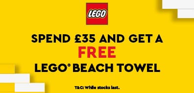 Yellow banner with LEGO logo offering a free beach towel when spending £35, subject to terms and conditions.