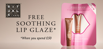 Promotional image featuring free Rituals soothing lip glaze offer with purchase over £50, displaying two lip products in pink packaging.