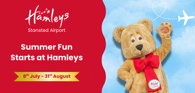 Hamleys Stansted Airport summer event poster featuring a teddy bear with a red bow, plane illustration, and event dates from 8th July to 31st August.