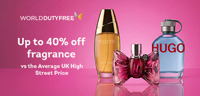 World Duty Free fragrance sale advertisement, featuring three perfume bottles on a pink background and offering up to 40% off.