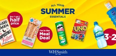 An advertisement displaying summer essentials including a book, breadsticks, Pringles, UNO cards, water, and sunscreen, with various discounts.