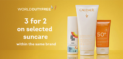 Promotional image for World Duty Free offering a "3 for 2" deal on selected suncare products from Caudalie and Clarins.