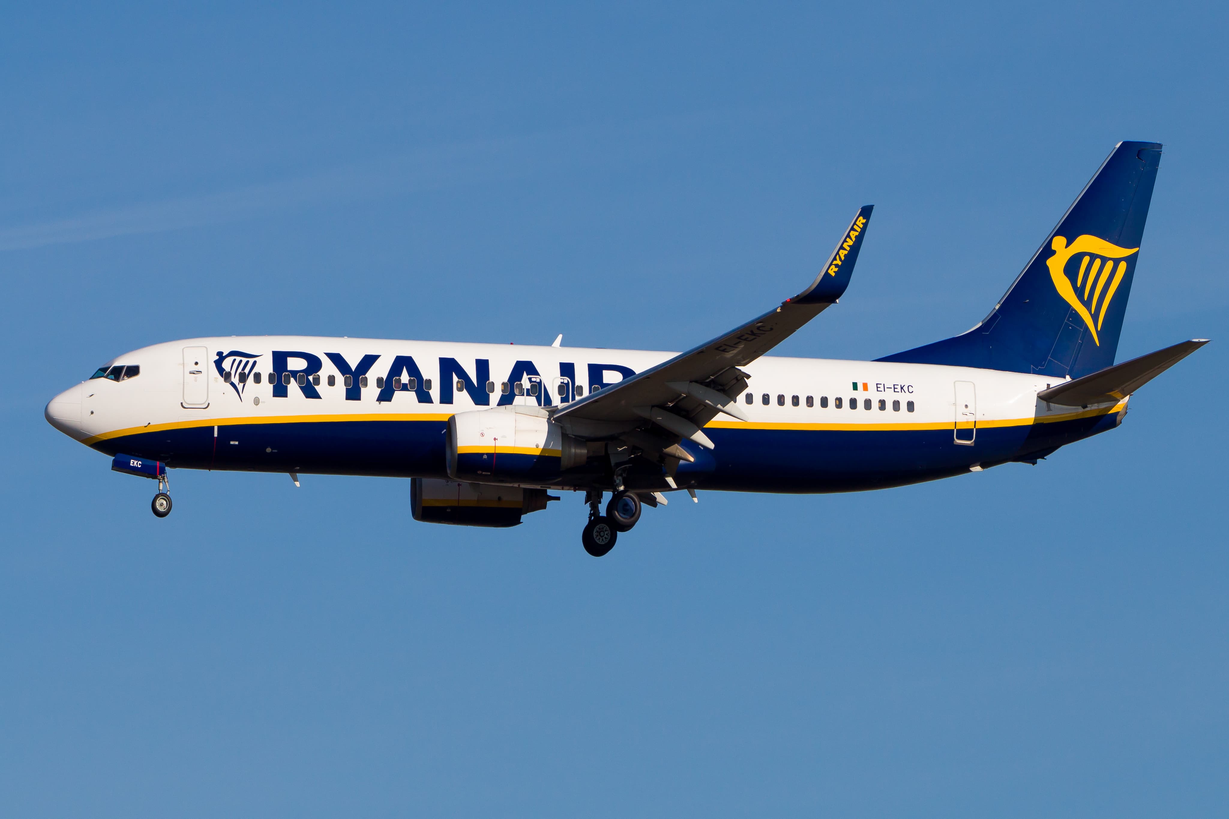 A Ryanair airplane in flight against a clear blue sky, showing its white and blue body with yellow logo and landing gear extended.
