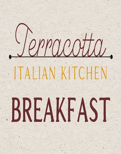Text logo with the words: Terracotta Italian Kitchen Breakfast on a textured beige background.