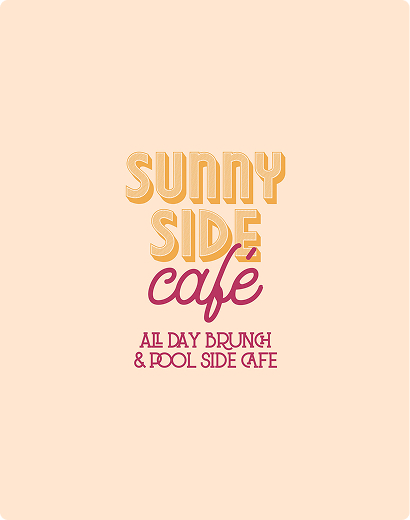 Text reading "Sunny Side Café" in vintage style with "All Day Brunch & Pool Side Café" below, on a peach background.