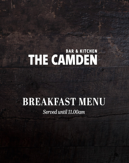 "The Camden Bar & Kitchen breakfast menu cover, dark wood texture, text: 'Served until 11:00 am.'"