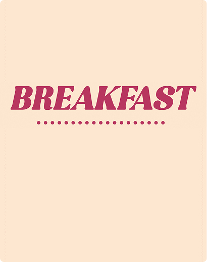 The image features the word "BREAKFAST" in bold red letters centered on a beige background with a dotted line beneath.
