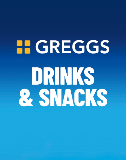 "Greggs Drinks & Snacks" text on a blue gradient background with a yellow logo.