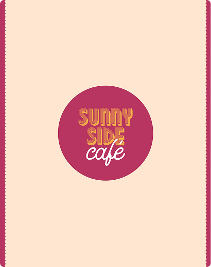 Sunny Side Cafe logo with retro typography on a circular pink background, set against a cream-colored backdrop with vertical pink borders.
