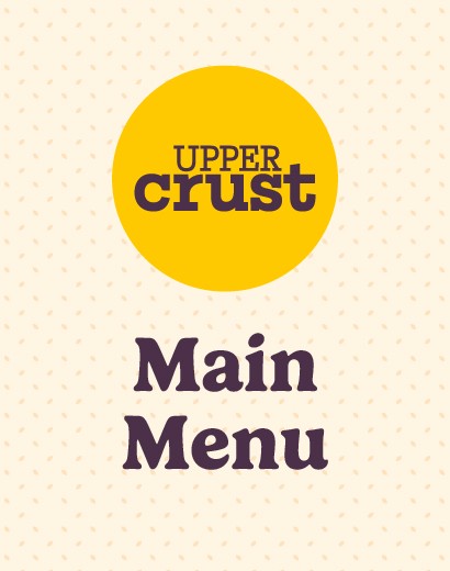 Yellow circle with "Upper Crust" text above "Main Menu" on a dotted beige background.