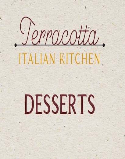 Text reads "Terracotta Italian Kitchen" with the word "Desserts" below, on a textured background.