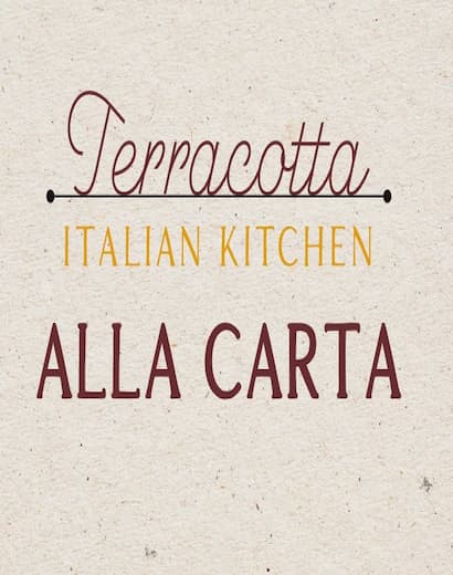 Text on beige paper reads "Terracotta Italian Kitchen Alla Carta" in decorative fonts.