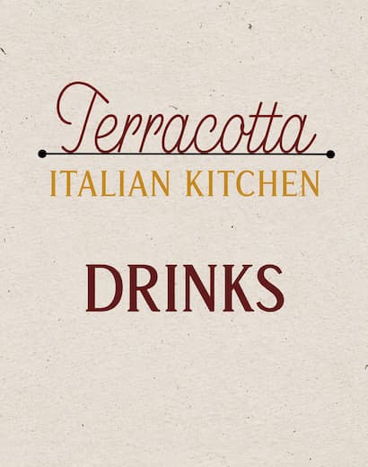 Terracotta Italian Kitchen Drinks menu cover with elegant font on a textured background.
