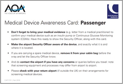 Medical Device Awareness Card for passengers; includes guidance on medical evidence, informing security, and return process for medical devices.