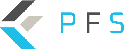 Stylized PFS logo with abstract geometric shapes in black, gray, and blue next to the letters "PFS" in a modern font.