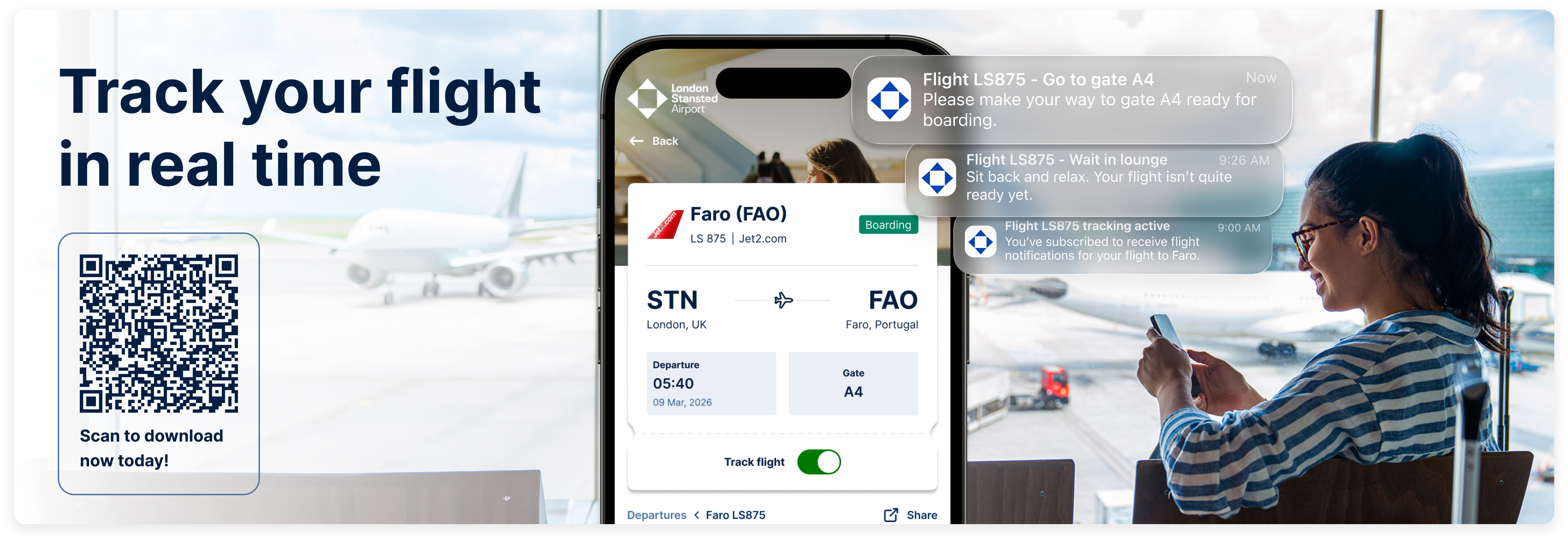 Woman at airport checks phone for real-time flight updates. QR code for app download included.