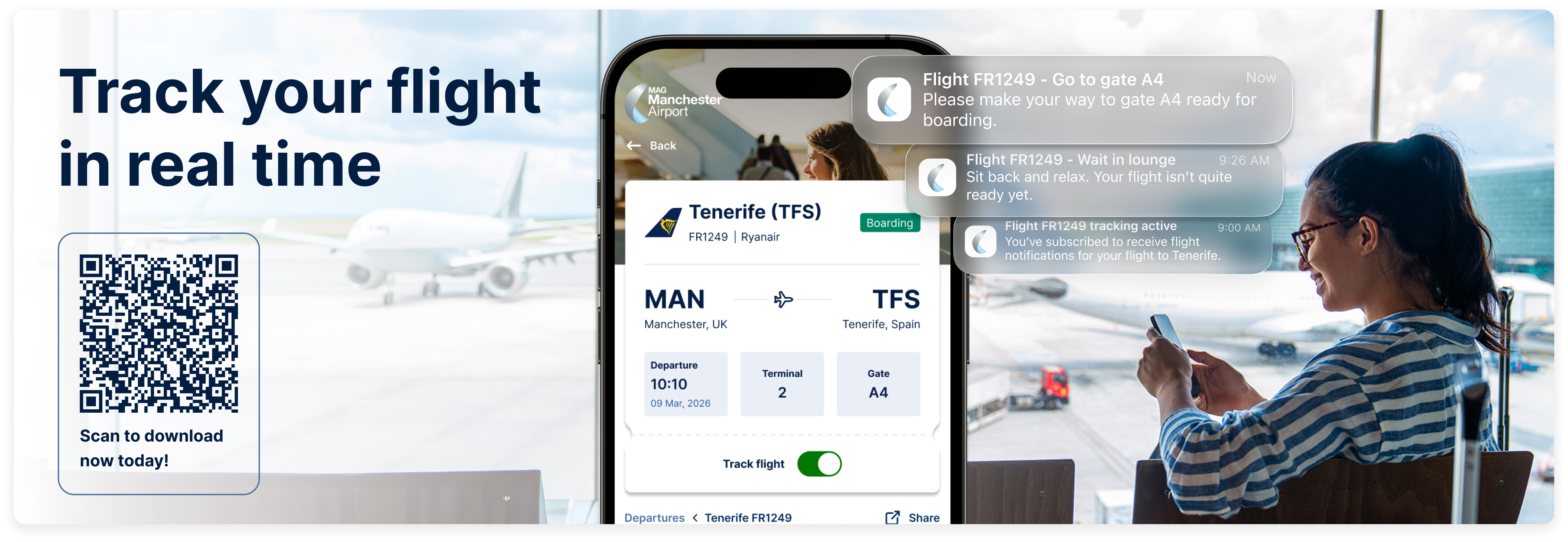 Woman at airport checks phone for real-time flight updates. QR code for app download included.