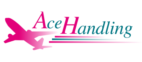 Logo featuring a pink airplane silhouette next to the text "Ace Handling" in pink and teal, with dynamic lines underneath.