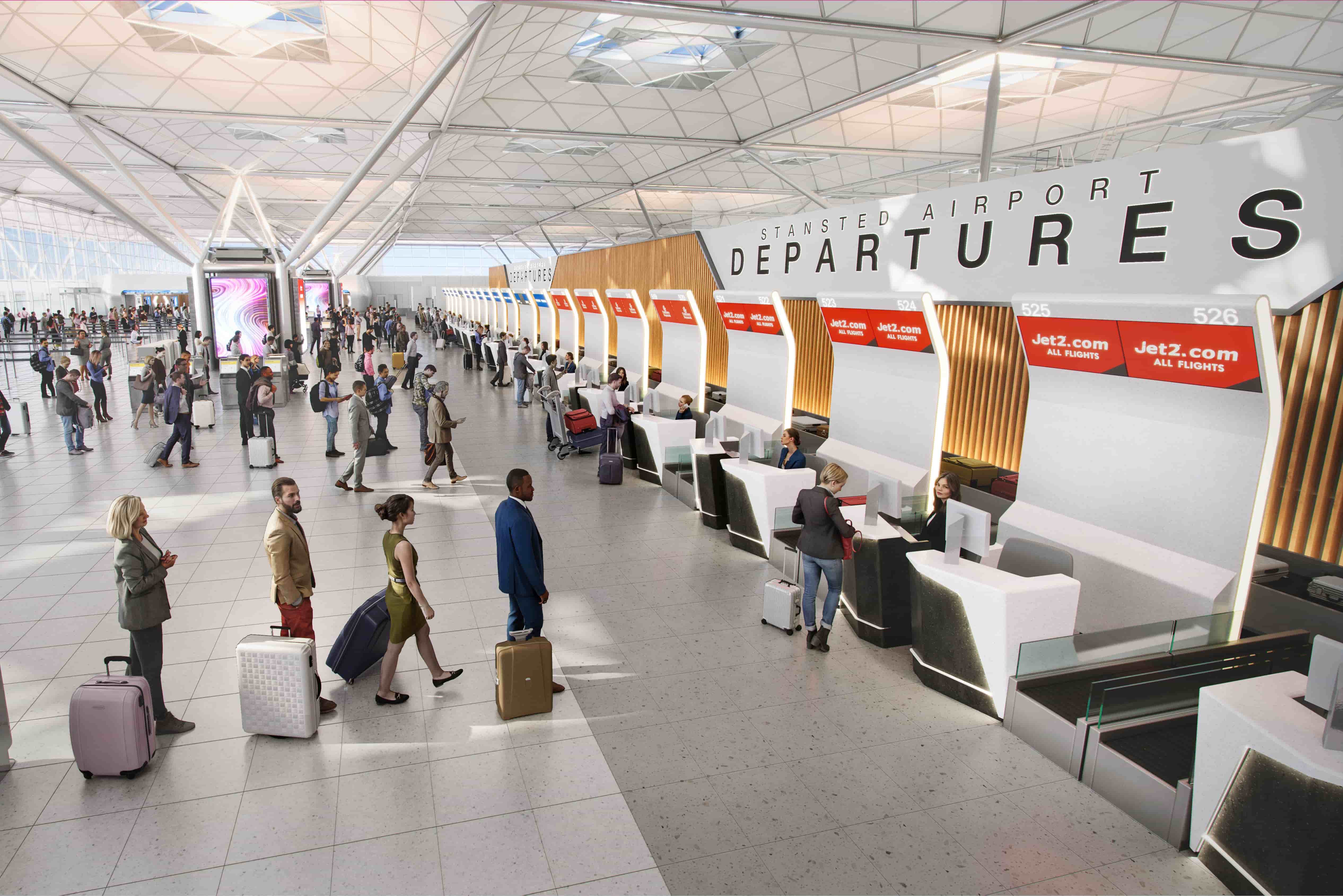 Passengers with luggage line up at check-in counters in a bright airport departure hall with high ceilings and digital screens.