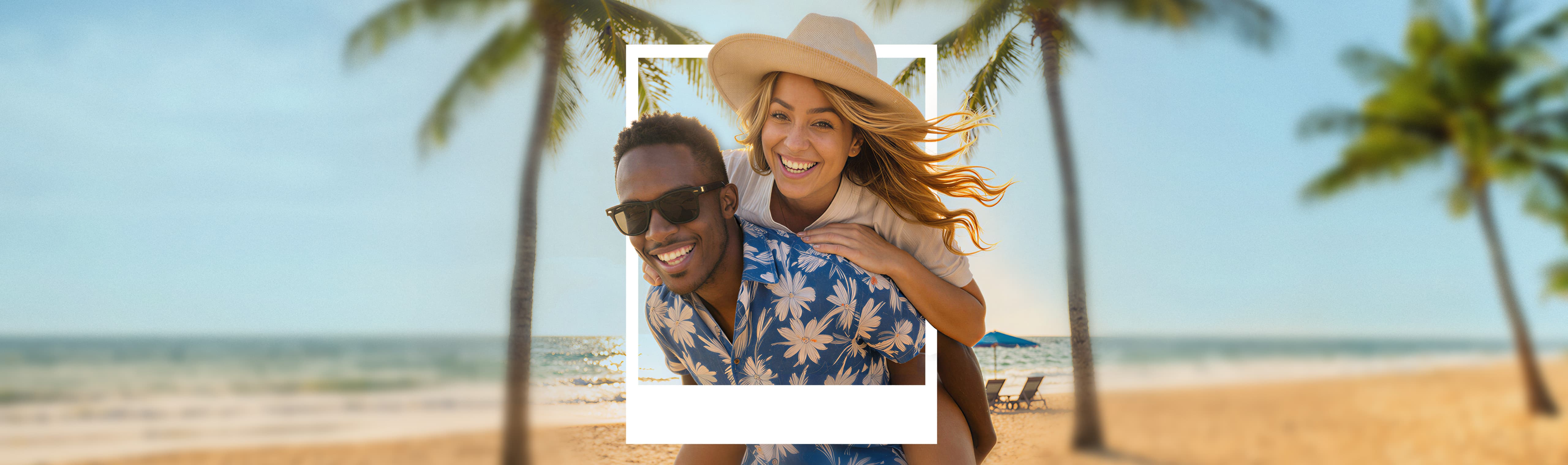 Smiling couple on a beach, with the woman wearing a hat and both looking joyful, surrounded by a frame, with palm trees and ocean in the background.