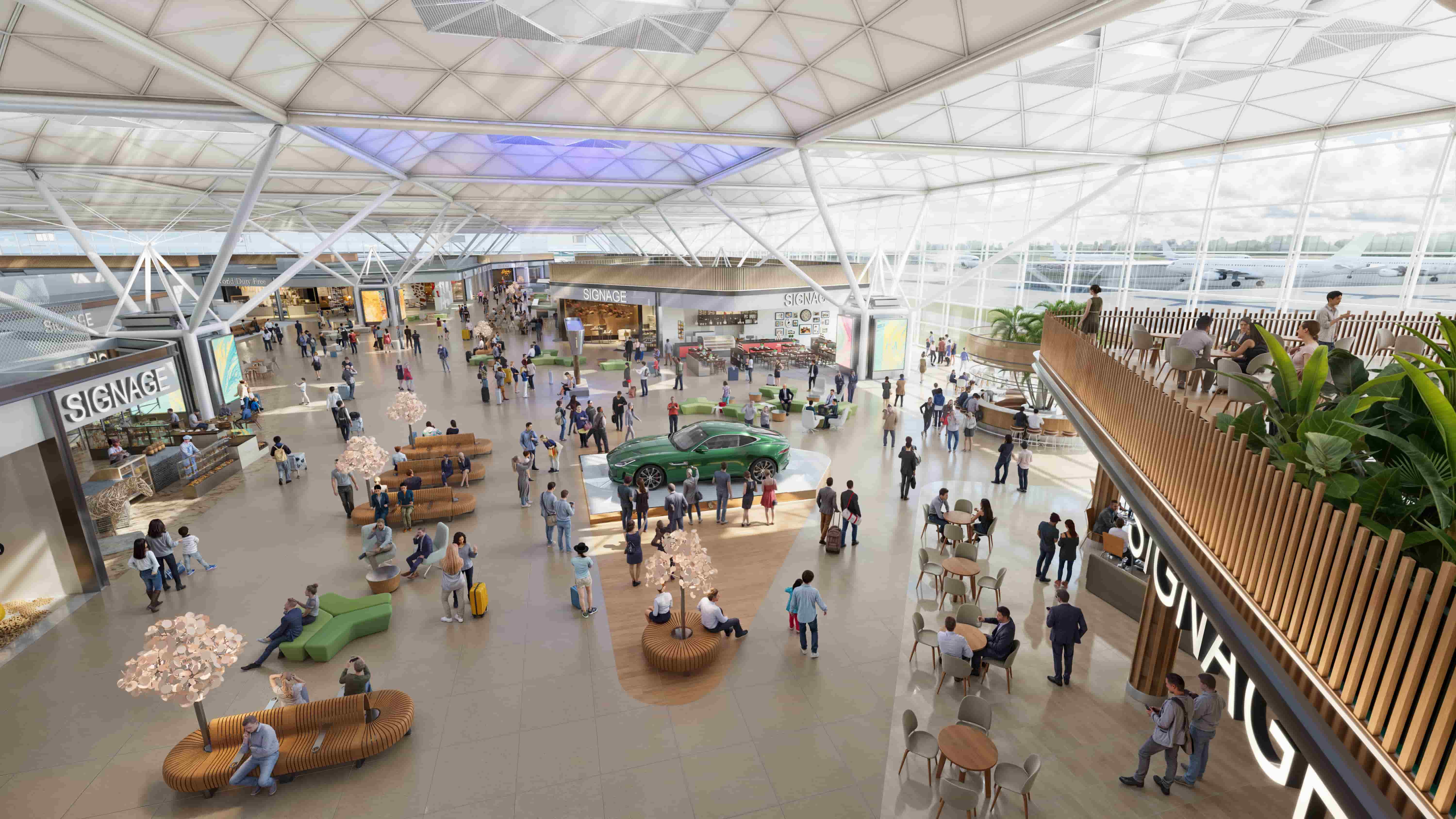 A modern airport terminal with travelers, shops, seating areas, and a car display under a large glass ceiling.