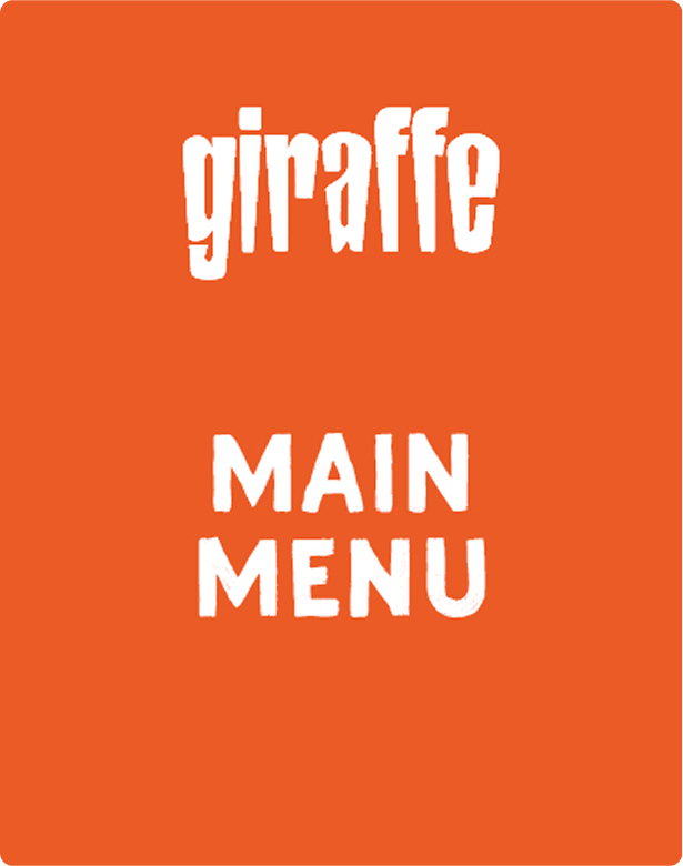 Orange cover with stylized white text reading "giraffe" and "MAIN MENU."