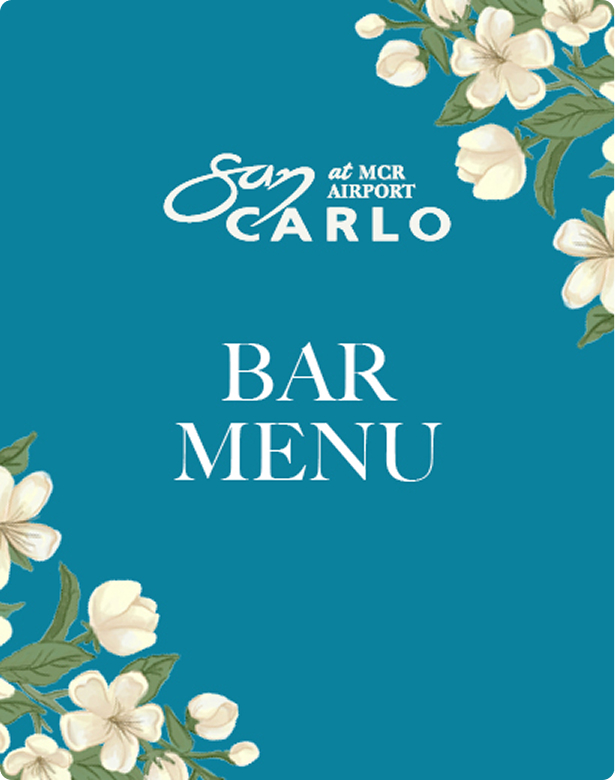 Teal-colored bar menu cover with white flowers and the text "San Carlo at MCR Airport."