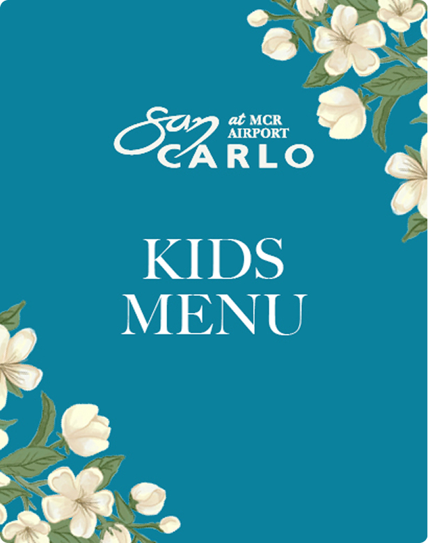 Blue menu cover with white floral design, titled "San Carlo at MCR Airport Kids Menu" in white text.